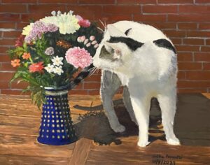 Dieses 50 x 70 cm große Ölgemälde zeigt Mickey, einen schwarz-weißen Europäischen Kurzhaarkater, in einem zarten, alltäglichen Augenblick. Seitlich neben einem üppigen Blumenstrauß schnuppert er behutsam an den Blüten – eingefangen mit feinster Pinselarbeit und großer Liebe zum Detail. Die seidige Fellstruktur und die lebendigen Farben der Blumen verleihen dem Bild eine beeindruckende Lebendigkeit und Natürlichkeit. Mickeys neugieriger Blick und seine entspannte Haltung schaffen eine warme, vertraute Atmosphäre, die das Wesen des Tieres wunderbar widerspiegelt. Dieses Portrait ist ein Beispiel dafür, wie ich in meiner Auftragsmalerei die Einzigartigkeit und Persönlichkeit Ihres Lieblings liebevoll zum Ausdruck bringe.