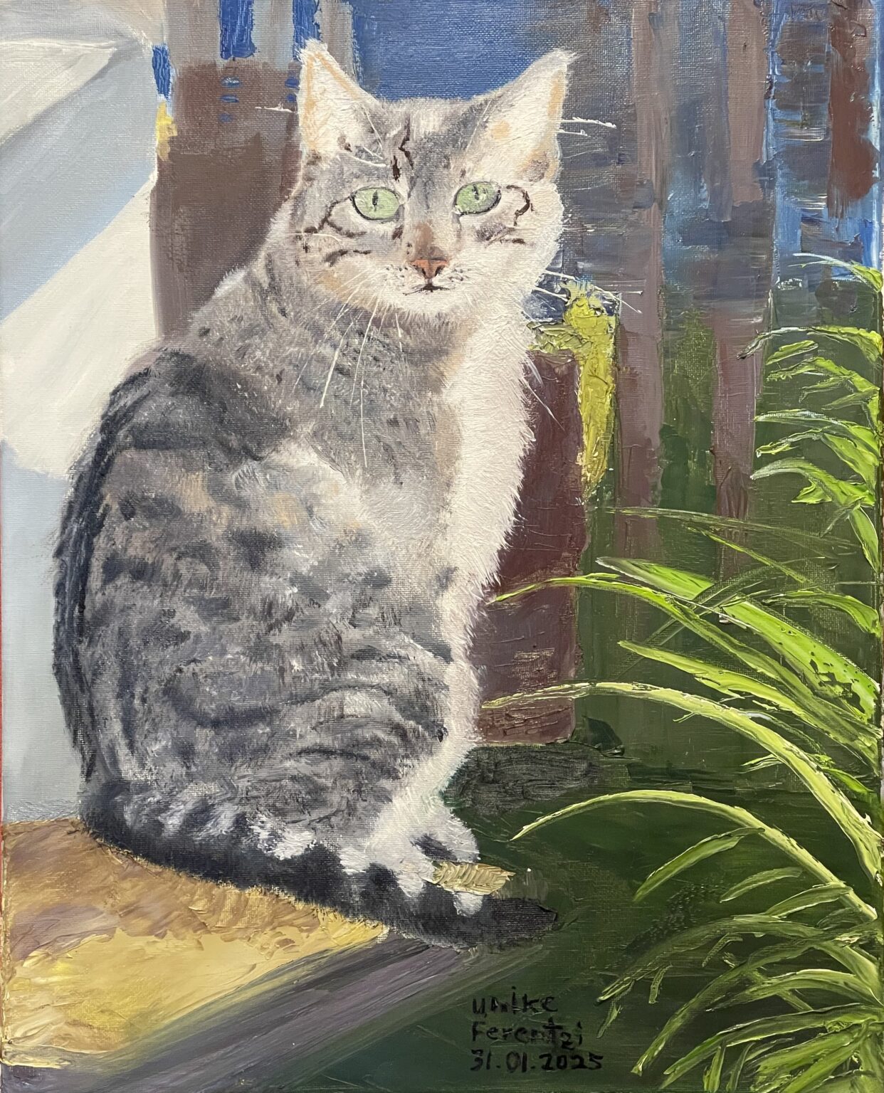 Dieses 50 x 40 cm große Ölgemälde zeigt Suki, eine grau-braun getigerte Europäische Kurzhaarkatze, in voller Körperansicht von vorne. Mit großer Liebe zum Detail wurden ihr weiches Fell und die filigrane Musterung ihrer Tigerstreifen realistisch und lebendig eingefangen. Ihr liebevoller Blick, der direkt zum Betrachter geht, strahlt Wärme, Vertrauen und Sanftmut aus. Besonders beeindrucken die feinen Nuancen und die lebendige Ausstrahlung, die jedes Detail lebendig wirken lassen. Dieses Portrait zeigt, wie ich die äußere Schönheit und die einzigartige Persönlichkeit Ihres Tieres in einer individuellen Auftragsmalerei liebevoll festhalte.